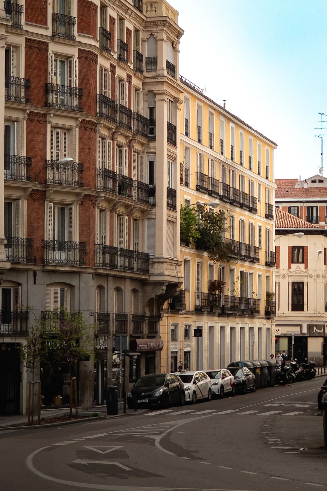 Calle del centro con fachadas de ladrillo y balcones de hierro